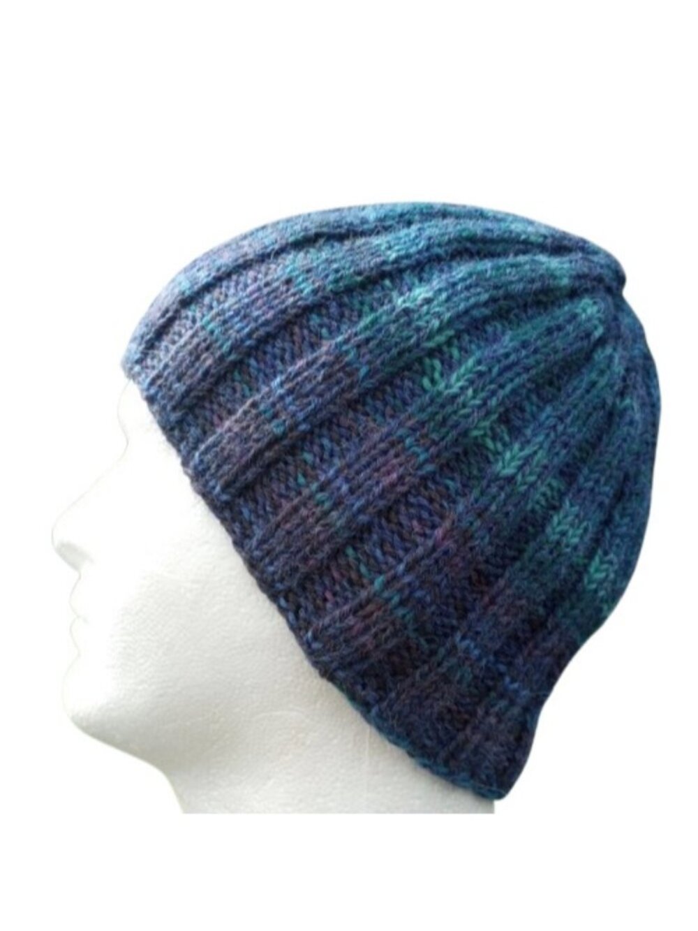 Mens Alpaca Beanie Hat Skully Knit Blue Green Wool Rib USA Hand Knit One Size